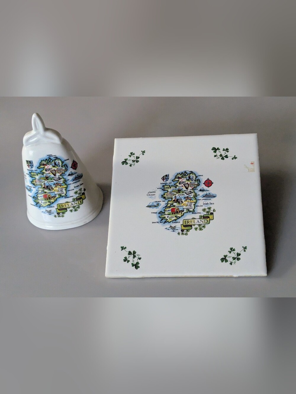 Vintage Ireland Souvenir Bell And Tile With Map Of Ireland Dublin Belfast Galway